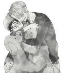  2boys animal black_shirt blush coat dog eyebrows_visible_through_hair fingernails glasses greyscale happy hat hug katsuki_yuuri long_sleeves makkachin male_focus monochrome multiple_boys shirt short_hair simple_background smile standing tadano53 viktor_nikiforov white_background yaoi yuri!!!_on_ice 