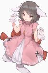  1girl adapted_costume animal_ears brown_hair carrot_necklace dress eyes_visible_through_hair gloves hands_up highres inaba_tewi looking_at_viewer pink_dress pink_eyes rabbit_ears shone short_hair simple_background smile solo touhou white_background white_gloves white_legwear 