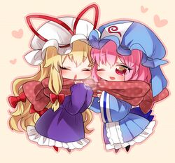  2girls bangs blonde_hair blush bow breath chibi closed_eyes dress eyebrows_visible_through_hair frilled_dress frills fukurahagi_uomaru hair_bow hat hat_ribbon heart japanese_clothes long_hair long_sleeves low-tied_long_hair mob_cap multiple_girls one_eye_closed open_mouth pink_eyes pink_hair red_bow ribbon saigyouji_yuyuko scarf shared_scarf short_hair smile striped striped_background sweater touhou triangular_headpiece wide_sleeves yakumo_yukari yuri 