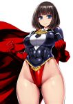  1girl black_hair blue_eyes breasts covered_navel cowboy_shot gloves groin highleg highleg_leotard ishimiso_(ishimura) large_breasts leotard looking_at_viewer muscle muscular_female original panties short_hair smile solo superhero underwear 