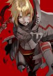  1girl absurdres armor blonde_hair blood blood_from_mouth blood_on_face broken_armor clarent clenched_teeth fate/apocrypha fate/grand_order fate_(series) green_eyes highres mordred_(fate) mordred_(fate)_(all) peperon_(peperou) ponytail solo sword teeth weapon 