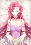  1girl breasts cleavage closed_eyes closed_mouth code_geass creayus double_bun dress euphemia_li_britannia facing_viewer flower large_breasts lips long_hair long_sleeves pink_flower pink_hair pink_lips pink_rose purple_dress rose smile solo standing white_flower 