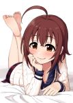  1girl ahoge blush breasts brown_eyes brown_hair casual cleavage idolmaster idolmaster_cinderella_girls legs_up looking_at_viewer lying naughty_face omaru_gyuunyuu short_hair small_breasts solo wakiyama_tamami white_background 