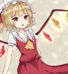  1girl :o ascot bangs blonde_hair blush coraman cowboy_shot crystal dutch_angle eyebrows_visible_through_hair flandre_scarlet frilled_shirt_collar frills hat long_skirt looking_at_viewer mob_cap one_side_up open_mouth puffy_short_sleeves puffy_sleeves red_eyes red_shirt red_skirt shiny shiny_hair shirt short_hair short_sleeves skirt solo standing touhou white_hat wings yellow_neckwear 