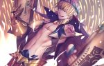  1boy abs arabian_clothes blonde_hair commentary_request earrings fate/grand_order fate_(series) gauntlets gilgamesh gilgamesh_(caster)_(fate) highres jewelry male_focus open_mouth rahato red_eyes smile solo 