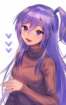  1girl blue_eyes blue_hair kazanari_tsubasa long_hair looking_at_viewer open_mouth saku_t senki_zesshou_symphogear side_ponytail smile solo sweater turtleneck 