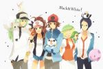  2girls baseball_cap bel_(pokemon) beret black_vest blonde_hair blue_eyes breasts cheren_(pokemon) dress flipped_hair friends green_hat hat high_ponytail highres iyo_(kirakirahoshi) long_hair medium_hair multiple_boys multiple_girls n_(pokemon) open_mouth oshawott pokemon pokemon_(creature) pokemon_(game) pokemon_bw short_hair smile snivy tepig touko_(pokemon) touya_(pokemon) vest 