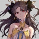  1girl bangs bare_shoulders black_bow bow brown_hair closed_mouth collarbone earrings eyebrows_visible_through_hair fate/grand_order fate_(series) grey_background hair_between_eyes hair_bow hakusai_(tiahszld) head_tilt ishtar_(fate/grand_order) jewelry long_hair looking_at_viewer red_eyes simple_background smile solo tiara two_side_up very_long_hair 