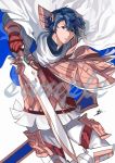  1boy alfonse_(fire_emblem) blue_eyes blue_hair cape fire_emblem fire_emblem_heroes gloves holding holding_shield holding_sword holding_weapon kazuha_(kazuha1003) looking_at_viewer shield solo sword weapon 