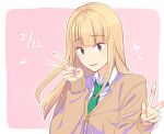  1girl blonde_hair blouse brown_eyes commentary_request hakka0320 hime_cut katou_asuka long_hair necktie school_uniform v watashi_ga_motenai_no_wa_dou_kangaetemo_omaera_ga_warui! 