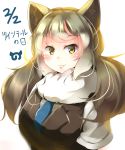  1girl absurdres animal_ears bangs blue_neckwear blush brown_vest dated eastern_wolf_(kemono_friends) eyebrows_visible_through_hair fang fang_out food grey_hair highres japari_bun kanzakietc kemono_friends long_hair looking_at_viewer necktie short_sleeves simple_background smile solo upper_body vest white_background wolf_ears yellow_eyes 