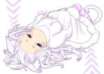  1girl :o animal_ears blush cat_ears forehead fur_trim lavender_hair long_hair looking_up lying mofuaki on_back original solo striped striped_legwear sweater turtleneck turtleneck_sweater violet_eyes white_sweater 