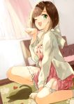  1girl ;3 ;d bed bedroom breasts brown_hair cleavage curtains day dress fang green_eyes hood hoodie idolmaster idolmaster_cinderella_girls indoors long_sleeves maekawa_miku miyabi_akino one_eye_closed open_mouth paw_pose pink_dress short_hair smile solo 