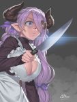  1girl alternate_costume apron breasts cleavage cleavage_cutout closed_mouth doraf frilled_apron frills granblue_fantasy hair_ornament hair_over_one_eye hair_ribbon heart heart_hair_ornament highres holding knife large_breasts narumeia_(granblue_fantasy) obui pointy_ears purple_hair ribbon shaded_face signature turtleneck violet_eyes wide-eyed 