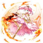  1girl armor armored_boots blue_eyes boots bracer crown dress feathered_wings feathers fire flame_sword floating_hair full_body gold_armor hair_ribbon highres holding holding_sword holding_weapon long_hair open_mouth pauldrons pink_hair ribbon salt_(salty) solo sword transparent_background twintails upper_teeth weapon white_wings wings 