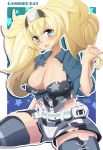  1girl absurdres black_bra blonde_hair blue_background blue_eyes bra breast_pocket breasts cleavage cowboy_shot gambier_bay_(kantai_collection) hair_between_eyes highres kantai_collection large_breasts long_hair pocket print_bra psidubs shorts sitting solo star star_print starry_background torn_clothes twintails underwear white_shorts 