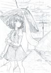  1girl alley bangs building clouds cloudy_sky eyebrows_visible_through_hair feet_out_of_frame frilled_sleeves frills geta graphite_(medium) greyscale hair_between_eyes hedge_(plant) highres holding karakasa_obake long_sleeves looking looking_away mahiro_(akino-suisen) monochrome one-eyed oriental_umbrella pigeon-toed power_lines puddle rain shirt short_hair skirt skirt_set sky solo tatara_kogasa tatara_kogasa_(umbrella) tongue touhou traditional_media transformer tsukumogami umbrella vest wall 