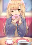  1girl blazer blonde_hair blurry blush cona_kinaco cup depth_of_field doughnut eyebrows_visible_through_hair fangs food hair_ornament hairclip heart heart-shaped_pupils highres holding holding_food jacket long_hair long_sleeves looking_at_viewer one_eye_closed open_blazer open_clothes open_jacket open_mouth original pink_neckwear plaid_neckwear plate saucer school_uniform sitting solo steam sweater symbol-shaped_pupils table teacup yellow_eyes 