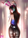  1girl adapted_costume animal_ears arm_up artist_name ass backlighting bare_arms bare_shoulders black_eyes black_legwear brown_hair bunny_tail bunnysuit character_name cowboy_shot curtains d.va_(overwatch) fake_animal_ears fake_tail finger_to_mouth headgear liang_xing lips long_hair overwatch pantyhose profile rabbit_ears solo standing straight_hair tail thigh_gap thighband_pantyhose watermark web_address whisker_markings wrist_cuffs 
