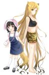  2girls :d absurdly_long_hair animal_ears animal_print bangs bare_arms bare_shoulders barefoot black_footwear black_hair black_tank_top blonde_hair blunt_bangs breasts closed_mouth collarbone crop_top eyebrows_visible_through_hair highres inahori kneehighs long_hair looking_at_viewer looking_to_the_side multiple_girls open_mouth original overall_skirt print_shorts puffy_short_sleeves puffy_sleeves rabbit_ears scratches shirt shoes short_shorts short_sleeves shorts simple_background small_breasts smile sneakers standing tank_top tiger_print upper_teeth very_long_hair violet_eyes white_background white_legwear white_shirt yellow_eyes 
