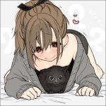  1girl animal animal_in_clothes bed_sheet black_cat black_ribbon blush brown_eyes brown_hair cat cat_day commentary_request downblouse eyebrows_visible_through_hair giuniu hair_ribbon heart heart-shaped_pupils looking_at_viewer looking_down no_bra original ribbon solo symbol-shaped_pupils 