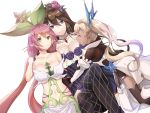  animal_ears bare_shoulders black_legwear blonde_hair breasts brown_hair character_request cleavage closed_eyes collarbone dark_skin dress eko erun_(granblue_fantasy) flower granblue_fantasy hair_between_eyes hair_flower hair_ornament hug io_euclase large_breasts long_hair looking_at_viewer low_twintails navel_cutout purple_dress purple_hair rosetta_(granblue_fantasy) simple_background sleeveless sleeveless_dress smile tan thigh-highs twintails very_long_hair violet_eyes white_background white_dress yellow_eyes 