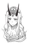  1girl artist_name bare_shoulders breasts closed_mouth collarbone eiri_(eirri) facial_mark fate/grand_order fate_(series) greyscale horns ibaraki_douji_(fate/grand_order) long_hair looking_at_viewer medium_breasts monochrome off_shoulder oni oni_horns pointy_ears sidelocks signature solo tattoo v-shaped_eyebrows 