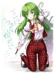  1girl aka_tawashi arm_up ascot belt black_footwear breasts commentary_request eyebrows_visible_through_hair green_eyes green_hair highres holding holding_umbrella juliet_sleeves kazami_yuuka kazami_yuuka_(pc-98) kneeling long_hair long_sleeves looking_at_viewer medium_breasts pants parted_lips plaid plaid_pants plaid_vest puffy_sleeves red_pants red_vest shirt solo touhou touhou_(pc-98) umbrella vest white_background white_shirt yellow_neckwear 
