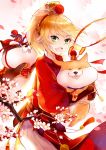  1girl amicis_(amisic) blonde_hair board_game bow dog fate/apocrypha fate/grand_order fate_(series) flower go green_eyes highres japanese_clothes kimono mordred_(fate) mordred_(fate)_(all) solo yukata 