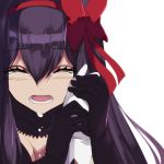  absurdres akemi_homura akuma_homura bow commentary_request hair_between_eyes hair_bow highres long_hair mahou_shoujo_madoka_magica misteor open_mouth purple_hair red_bow red_ribbon ribbon white_background 