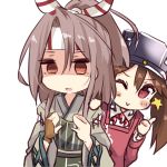  2girls ;&gt; amano_kouki bangs blush_stickers breast_conscious brown_eyes brown_gloves brown_hair chibi closed_mouth collarbone commentary_request empty_eyes eyebrows_visible_through_hair fingerless_gloves gloves grey_kimono hachimaki hair_between_eyes headband high_ponytail highres jacket kantai_collection leaning_to_the_side light_brown_hair long_hair looking_at_viewer magatama multiple_girls muneate one_eye_closed parted_lips ponytail red_jacket ryuujou_(kantai_collection) shaded_face shirt simple_background single_glove star thumbs_up twintails violet_eyes visor_cap white_background white_shirt wide_sleeves zuihou_(kantai_collection) 