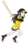  1girl baseball_bat baseball_cap baseball_jersey black_footwear black_hair black_hat black_legwear blue_bow blush bow brown_eyes brown_hair full_body hair_bow hanshin_tigers hat idolmaster idolmaster_cinderella_girls left-handed long_hair nigou nippon_professional_baseball open_mouth raglan_sleeves shirt shoes sidelocks simple_background sneakers socks solo swinging tachibana_arisu white_background yellow_shirt 