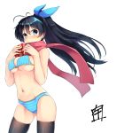  1girl antenna_hair bikini black_hair black_legwear blue_bikini blue_eyes blue_ribbon blush commentary_request contrapposto cowboy_shot ganaha_hibiki hair_ribbon high_ponytail highres idolmaster logo minase_nagi navel ponytail red_scarf ribbon scarf simple_background solo standing striped striped_bikini swimsuit thigh-highs white_background 