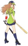  1girl :3 baseball_bat baseball_cap baseball_jersey blue_hat blue_legwear blue_skirt breasts brown_hair dual_wielding from_behind green_shirt hat high_heels holding_baseball_bat idolmaster idolmaster_cinderella_girls kneehighs large_breasts long_hair moroboshi_kirari nigou nippon_professional_baseball pleated_skirt shirt simple_background skirt solo star tokyo_yakult_swallows white_background 