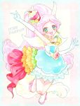  1girl :d blue_dress blue_eyes boots character_name cure_parfait dress earrings elbow_gloves food_themed_hair_ornament full_body gloves green_eyes hair_ornament jewelry kirahoshi_ciel kirakira_precure_a_la_mode long_hair looking_at_viewer multicolored multicolored_eyes necklace nene_(oneoneo13) open_mouth pink_hair ponytail precure rainbow_order simple_background smile solo white_background white_gloves white_wings wings 