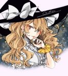  1girl bangs blonde_hair bow earrings eyebrows_visible_through_hair hat hat_bow jewelry kirisame_marisa long_hair looking_at_viewer parted_lips scrunchie short_sleeves signature solo souta_(karasu_no_ouchi) star starry_background touhou upper_body white_bow witch_hat wrist_scrunchie yellow_eyes 