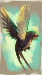  bird flying full_body glitchedpuppet grey_background looking_away looking_back no_humans pokemon pokemon_(creature) pokemon_(game) pokemon_rse signature solo taillow yellow_eyes 