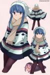  &gt;_&lt; 2girls beanie blue_hair hat kagamihara_nadeshiko long_hair multiple_girls pantyhose pink_hair purple_legwear scarf shima_rin simple_background tasora violet_eyes yurucamp 