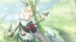  1girl antlers bare_shoulders bird breasts collarbone dress elbow_gloves fingerless_gloves flower gloves greaves green_eyes green_hair highres kikivi large_breasts long_hair original outdoors pointy_ears solo standing sword thigh-highs weapon 