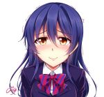  1girl bangs blue_hair bow bowtie commentary_request eyebrows_visible_through_hair hair_between_eyes long_hair looking_at_viewer love_live! love_live!_school_idol_project otonokizaka_school_uniform red_neckwear school_uniform simple_background smile solo sonoda_umi striped_neckwear tears trembling upper_body white_background windart 