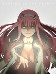  1girl background bangs darling_in_the_franxx gloves green_eyes horns long_hair looking_at_viewer medium_breasts nude outstretched_hand oversized_clothes pink_hair simple smiling solo text zero_two_(darling_in_the_franxx) 