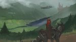 1girl aircraft airship animal_ears castle clouds facing_away facing_back fog from_behind grass grey_legwear mountain multicolored_hair original paintrfiend plant ponytail riding river scenery science_fiction soil stream tree 