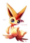  blue_eyes creature english fangs full_body glitchedpuppet highres looking_at_viewer no_humans orange_skin pokemon pokemon_(creature) pokemon_(game) pokemon_bw signature simple_background smile solo victini white_background 