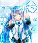  1girl :3 animal_ears bangs blue_eyes blue_hair blush cat_ears cat_tail detached_sleeves eyebrows_visible_through_hair hatsune_miku head_tilt highres kohaku_muro long_hair looking_at_viewer necktie open_mouth paw_pose skirt solo tail thigh-highs twintails twitter_username very_long_hair vocaloid 