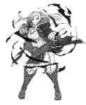  1girl breasts cape female_my_unit_(fire_emblem:_kakusei) fire_emblem fire_emblem:_kakusei fire_emblem_heroes gloves kamu_(kamuuei) long_hair looking_at_viewer monochrome my_unit_(fire_emblem:_kakusei) red_eyes simple_background smile solo twintails white_background 