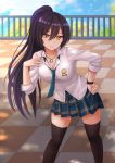  1girl black_hair black_legwear blue_sky blurry blurry_background breasts checkered checkered_floor cleavage clouds commentary day depth_of_field dog_tags eyebrows_visible_through_hair eyes_visible_through_hair hair_between_eyes hand_on_hip highres idolmaster idolmaster_shiny_colors kazenokaze large_breasts leaning_forward legs_apart long_hair looking_at_viewer necktie pleated_skirt ponytail railing school_uniform shirase_sakuya shirt skirt sky smile solo thigh-highs very_long_hair white_shirt wristband yellow_eyes 
