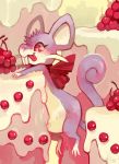  cake cherry creature food fruit full_body glitchedpuppet mouse neck_ribbon no_humans pink_eyes pokemon pokemon_(creature) pokemon_(game) pokemon_rgby rattata red_ribbon ribbon signature solo tongue tongue_out 