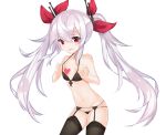  1girl :p azur_lane black_bra black_legwear bra closed_mouth cona_kinaco cowboy_shot eyebrows_visible_through_hair fang_out flat_chest front-tie_top garter_belt garter_straps groin hair_between_eyes hair_ribbon halterneck heart lavender_hair long_hair navel panties red_eyes red_ribbon ribbon side-tie_panties simple_background solo thigh-highs tongue tongue_out twintails underwear vampire_(azur_lane) very_long_hair white_background 