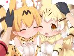  3girls ^_^ animal_ears black_gloves blonde_hair blush bow bowtie brown_eyes cat_ears cat_tail cheek-to-cheek closed_eyes commentary elbow_gloves extra_ears eyebrows_visible_through_hair female_pov gloves hands_on_another&#039;s_head heart highres kaban_(kemono_friends) kemono_friends looking_at_viewer makuran multiple_girls one_eye_closed petting pov print_gloves print_neckwear sand_cat_(kemono_friends) sand_cat_print serval_(kemono_friends) serval_ears serval_print serval_tail shirt short_sleeves simple_background sleeveless sleeveless_shirt smile tail upper_body white_background 