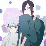  2boys black_hair earrings father_and_son forehead_protector happy_birthday jewelry light_blue_hair long_hair long_sleeves mitsuki_(naruto) multiple_boys naruto orochimaru sleeves_past_wrists smile tarou_(0514251997) yellow_eyes 